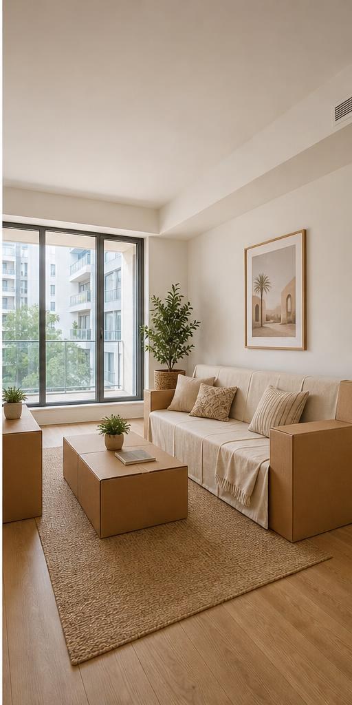 Hybrid staging with cardboard furniture