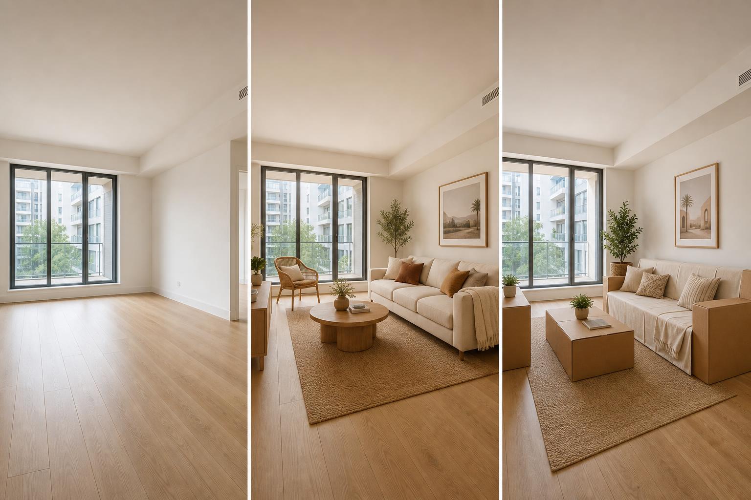 Hybrid staging: empty room → virtual staging → cardboard furniture